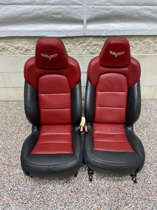 C6 GRANDSPORT OEM BLACK RED LEATHER FRONT SEATS PAIR RARE
